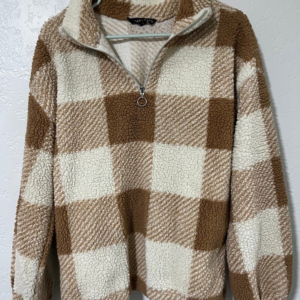 Women's Fluffy Teddy Mid Zip Sweater Brown Plaid Pullover Jacket